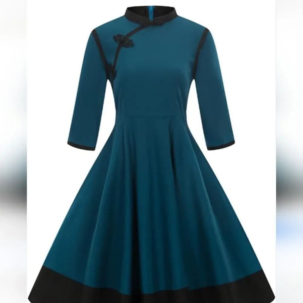 SUCREFAS Elegant Teal Retro Asian Inspired Circle Dress
